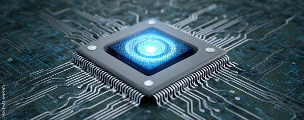 Poster a close-up of a glowing microchip on a circuit board, illustrating advanced technology and modern el