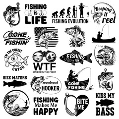 Fishing Bundle Svg. Fishing vector graphic set with quotes, fish silhouettes, and anglers, perfect for t-shirts, logos, and outdoor-themed designs.