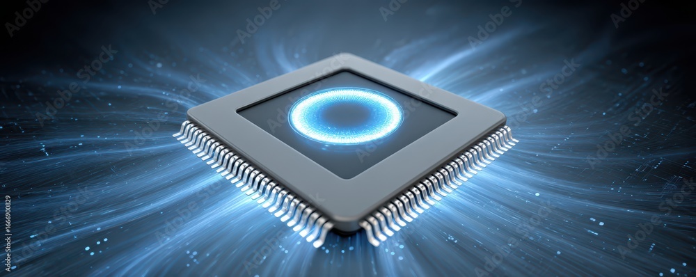 Poster a futuristic microchip surrounded by glowing energy waves, symbolizing advanced technology and innov
