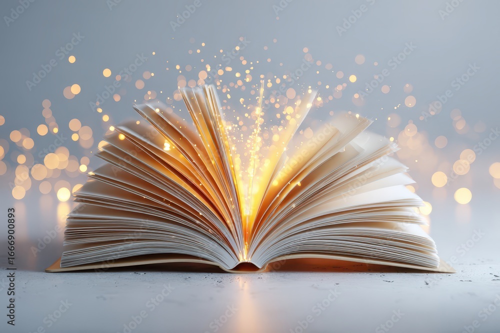 Poster an open book glowing with magical light and sparkling particles, symbolizing knowledge and wonder.