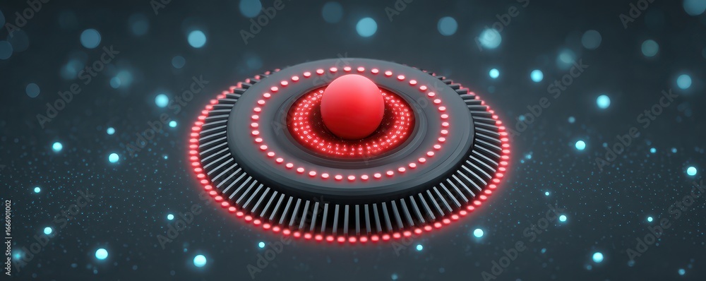 Poster a futuristic design featuring a central red sphere surrounded by a circular pattern of glowing light