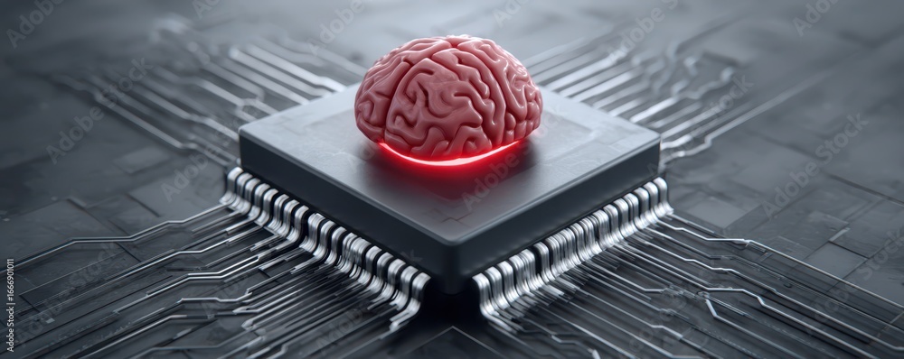 Poster a brain sits atop a microchip, illuminated by red light, symbolizing the fusion of human intelligenc