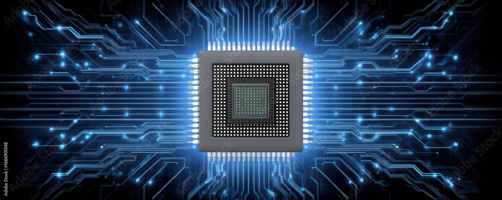 Poster a modern microchip surrounded by glowing blue circuit patterns, symbolizing advanced technology and 