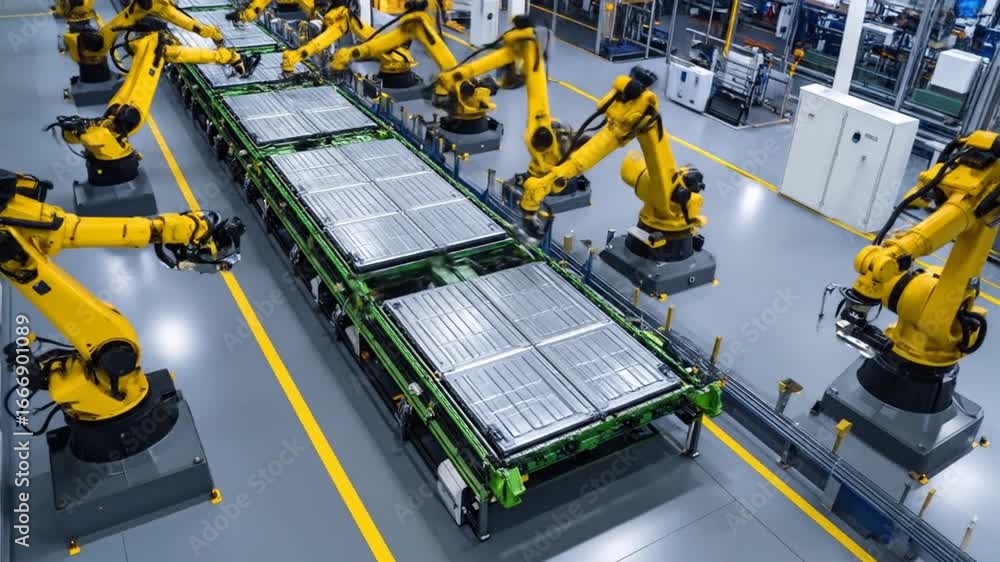 Poster Robotic Assembly Line Featuring Yellow Arms and Automated Processes in a Modern Factory with Gray Floor and High Angle View