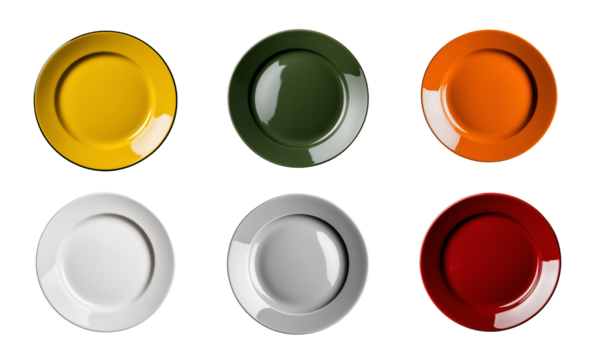 set of colorful red green yellow elegant, circle round empty white plate isolated on transparent background	