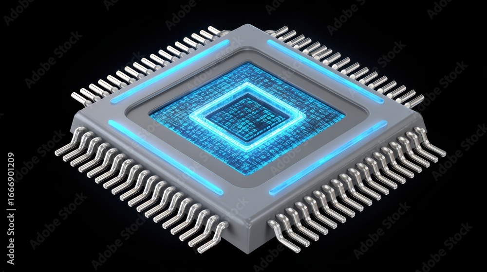Poster a futuristic microchip with glowing blue elements and intricate circuitry, set against a dark backgr