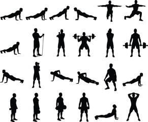 Fitness exercise silhouettes workout gym training vector, man exercising pushups, weightlifting, resistance band, strength training, healthy lifestyle art design