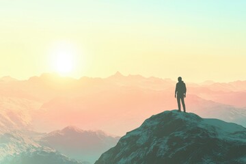 Silhouette of a person standing on a mountain top at sunrise, overlooking a vast, serene landscape.