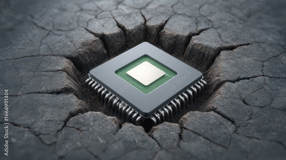 Poster a computer chip emerges from a cracked surface, symbolizing technology's resilience in a harsh envir