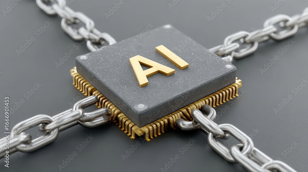 Poster a metallic ai chip is connected by chains, symbolizing the strength and security of artificial intel