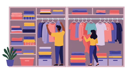 Flat vector illustration of a cheerful couple diligently organizing their wardrobe, neatly folding clothes and arranging hangers in a bright, modern home setting.