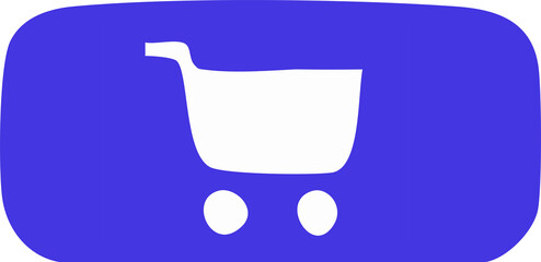 The photo shows a simple flat illustration of a white shopping cart icon with two wheels placed inside a purple rounded rectangle, symbolizing online shopping or an e-commerce button.