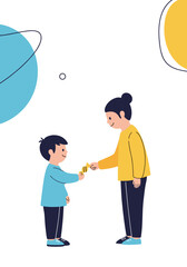 Fototapeta premium Sweet moment of sharing as mother gives candy to son in a happy and loving exchange of affection