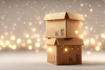 Golden textured boxes stacked amidst a magical, sparkling bokeh background