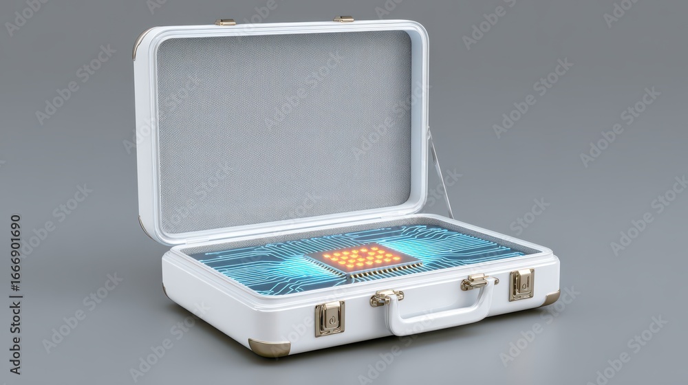Poster a sleek, futuristic briefcase with a digital interface inside, showcasing bright graphics and a grid