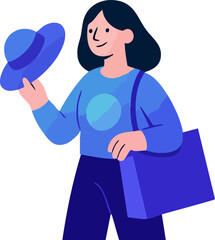 A stylized illustration of a woman holding a blue hat in one hand and a shopping bag in the other, dressed in a blue outfit and smiling.