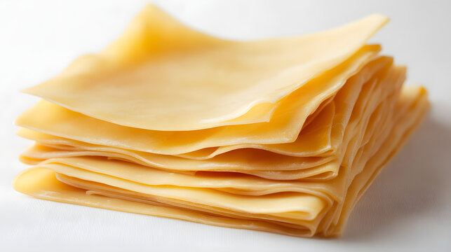 A symmetrical arrangement of lasagna sheets with slight overlaps, placed carefully on a white background, showcasing their smooth texture and golden hue.