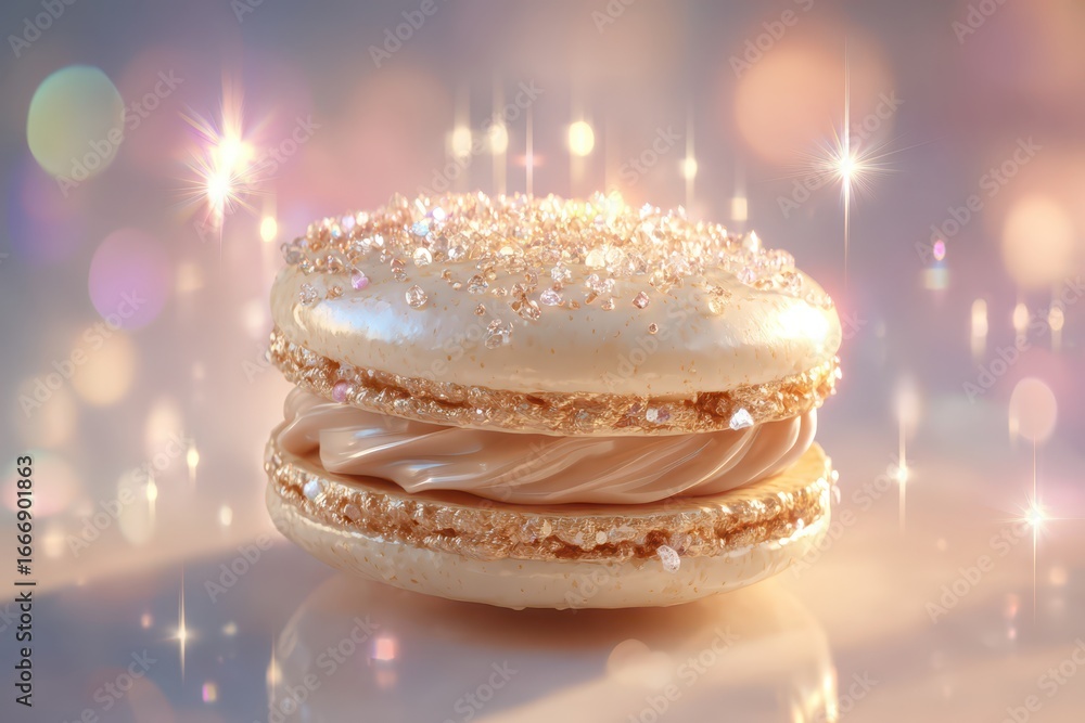Aufkleber luxurious golden macaron adorned with sparkling crystals, set against a magical bokeh backdrop.