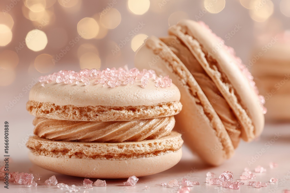 Poster beautiful pink macaron stack with sparkling sugar on a soft bokeh background.