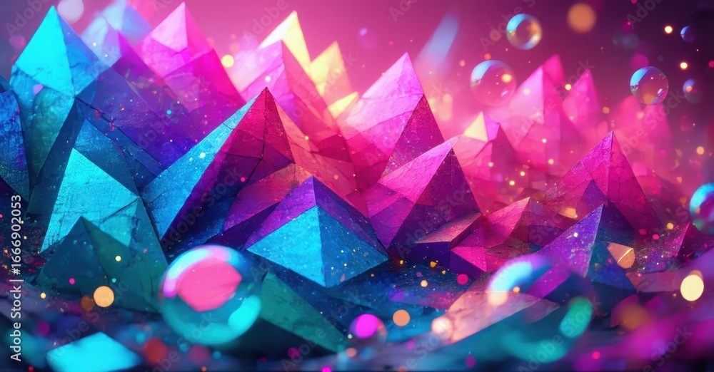 Poster abstract polygonal landscape. vibrant pinks, blues create dazzling visual effect. bubbles, sparkles 