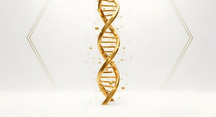 A luxurious golden 3D DNA strand on a clean white background with elegant geometric lines, representing high-end genetics, science, and premium wellness