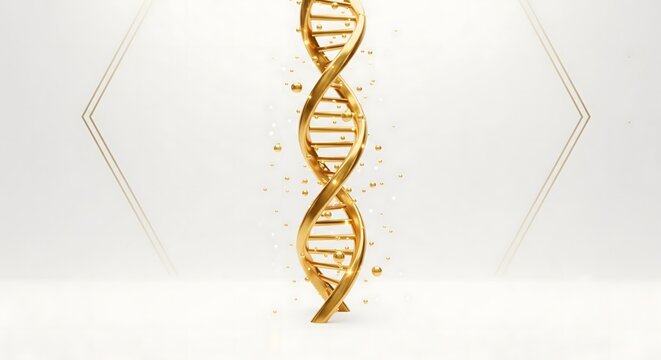 A luxurious golden 3D DNA strand on a clean white background with elegant geometric lines, representing high-end genetics, science, and premium wellness - Powered by Adobe