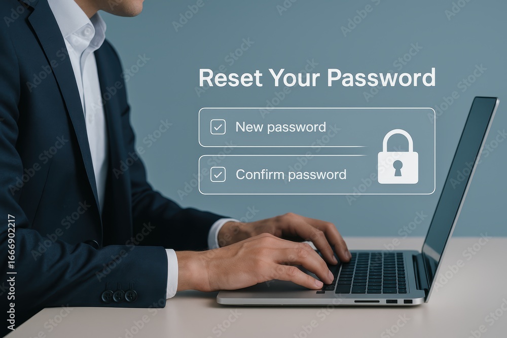 Poster password reset: a person using a laptop to reset the password, representing cyber security and data 