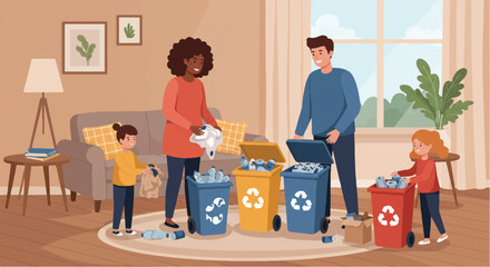 A cheerful flat vector illustration depicts a happy family responsibly sorting recyclable waste into various color-coded bins within their cozy, sunlit living room, promoting environmental awareness.