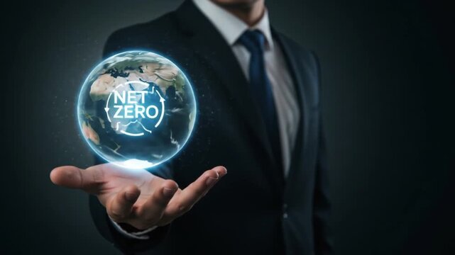 Dynamic business leader promotes net zero with glowing earth globe in hand motion video