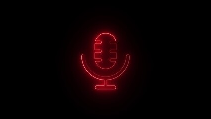 Vibrant red neon microphone icon glowing brightly against a stark black background representing audio recording and broadcasting