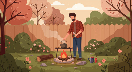 Flat vector illustration of a man preparing campfire coffee in a peaceful backyard garden, showing a cozy outdoor scene as he brews a fresh cup over a small fire.