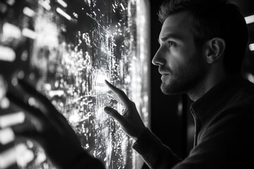 A man interacts with a large digital display showing complex data streams, analyzing information and exploring patterns.