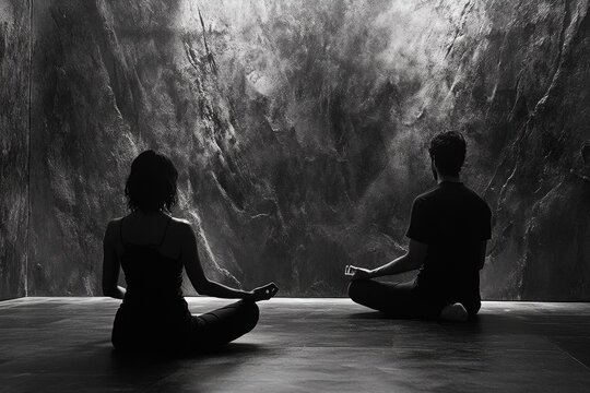 A black and white image of a man and woman meditating peacefully in front of a textured wall. - Powered by Adobe