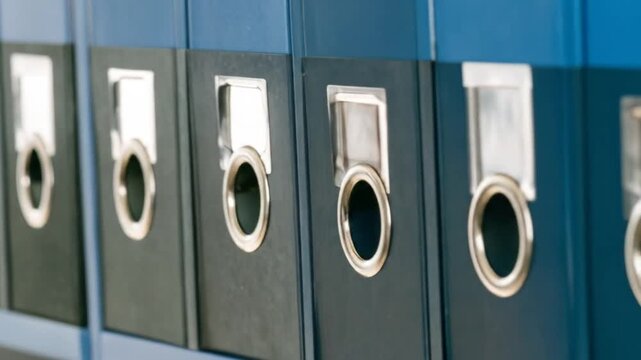 Close Up of Organized Dark Blue and Gray File Folders with Silver Metal Accents on Shelves for Efficient Office Administration and Documentation