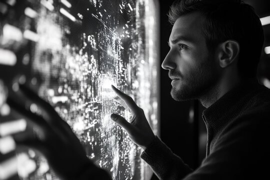 A man interacts with a large digital display showing complex data streams, analyzing information and exploring patterns.