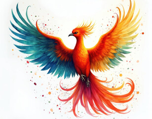 Vibrant watercolor phoenix illustration with colorful wings. Features bright feathers in red, orange, yellow, and blue. Symbolizes rebirth, transformation, renewal. Dynamic art with splatter effects.