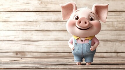 High-Resolution Cute Cartoon Pig Illustration: Blue Pants & Light Pink Shirt with Yellow Collar, Standing Hands-on-Hips Smiling, Bright Colors, Simple Background, White Transparent PNG (No Text/Extra 