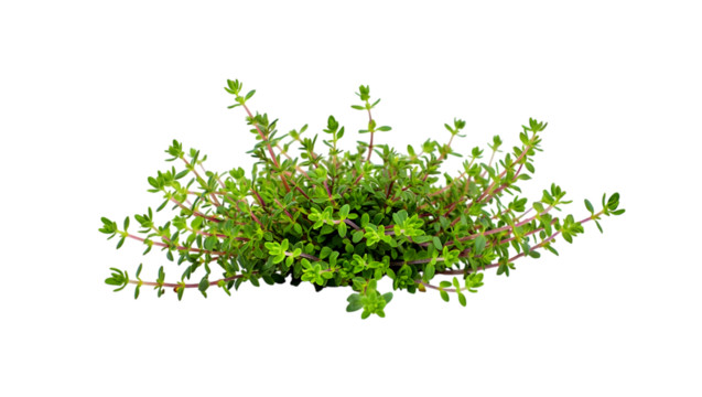 Lush Green Thyme Plant, Vibrant Sprigs, Isolated on Black Background, Culinary Herb, Creeper Plant, Fresh, Aromatic.