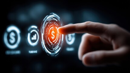 A finger touches a glowing dollar sign icon on a futuristic digital interface.