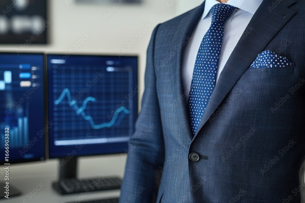 Aufkleber a businessman in a suit stands before computer screens displaying stock market graphs, symbolizing f