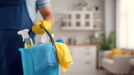 Cleaner holding a bucket with supplies, cleaning a kitchen, blurred open-concept apartment, service work