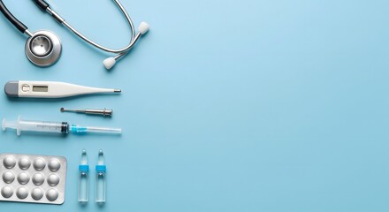 A set of medical supplies, including a stethoscope, thermometer, syringe, pills, and ampules on a light blue background