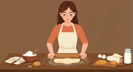 A cheerful woman in a flat vector illustration is diligently baking fresh bread, expertly using a rolling pin with flour on a warm wooden kitchen table.