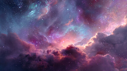 Fototapeta premium Beautiful nebula clouds glowing with vibrant colors, scattered with stars in deep space, offering a mesmerizing and otherworldly scene.