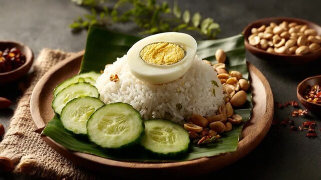 Nasi Lemak: An appetizing composition of fragrant coconut rice served alongside an egg, cucumber slices, peanuts, chili, and anchovies. A culinary masterpiece from the heart of Southeast Asia.