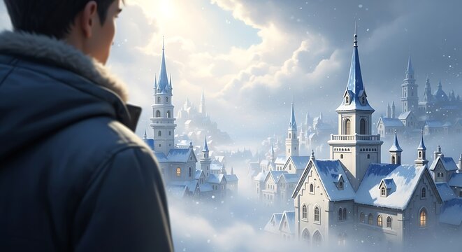 Enchanting Winter Wonderland: Man Gazing at a Fairytale Snowy Town with Majestic Towers and Churches.