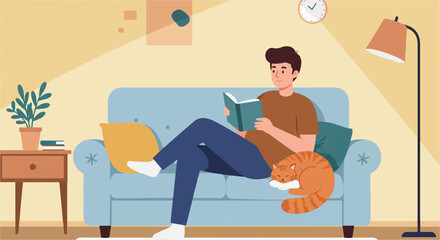 A young man relaxes on a cozy sofa, engrossed in reading a book, while his peaceful cat sleeps soundly beside him in a charming 2D flat design vector illustration.