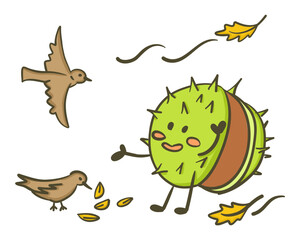 Cute chestnut character feeding birds with falling autumn leaves, colorful hand drawn vector. This image conveys the concept of kindness, nature, and seasonal autumn mood