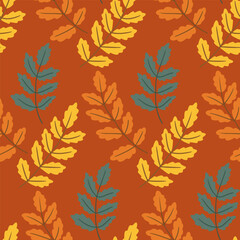 Seamless pattern with rowan tree leaves in yellow, orange and green on a warm red background, flat hand drawn vector. This image reflects the concept of autumn, nature design, and seasonal decoration