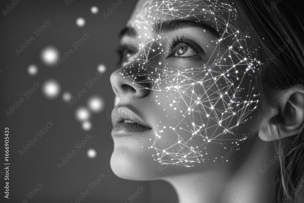 Poster a woman's face is adorned with glowing constellations, symbolizing connection and digital transforma